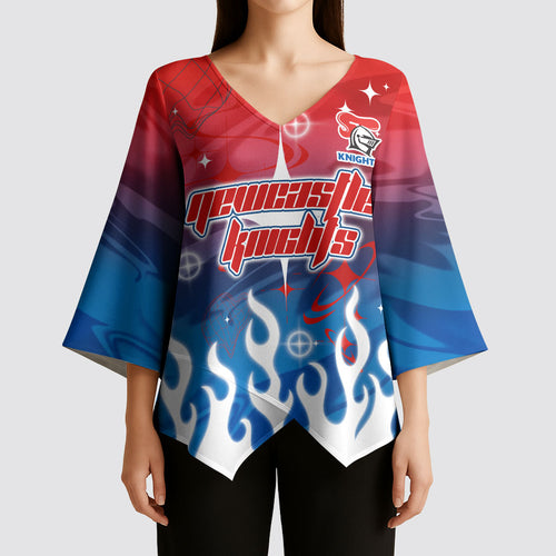 Personalized Newcastle Knights Kimono Sleeve Blouse Y2K Grunge Aesthetic With Cyber Flames and Starburst Graphics