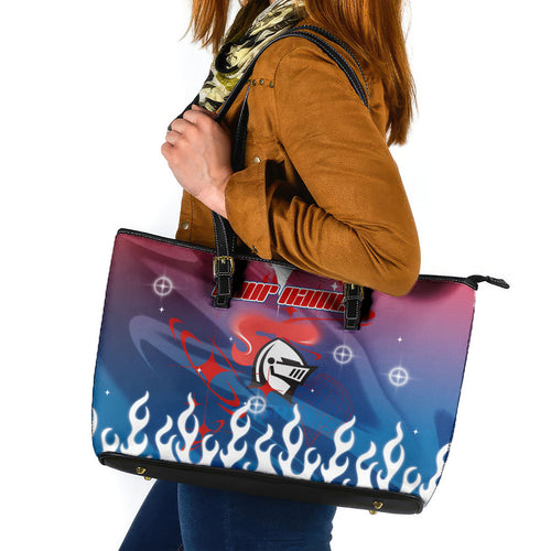Personalized Newcastle Knights Leather Tote Bag Y2K Grunge Aesthetic With Cyber Flames and Starburst Graphics