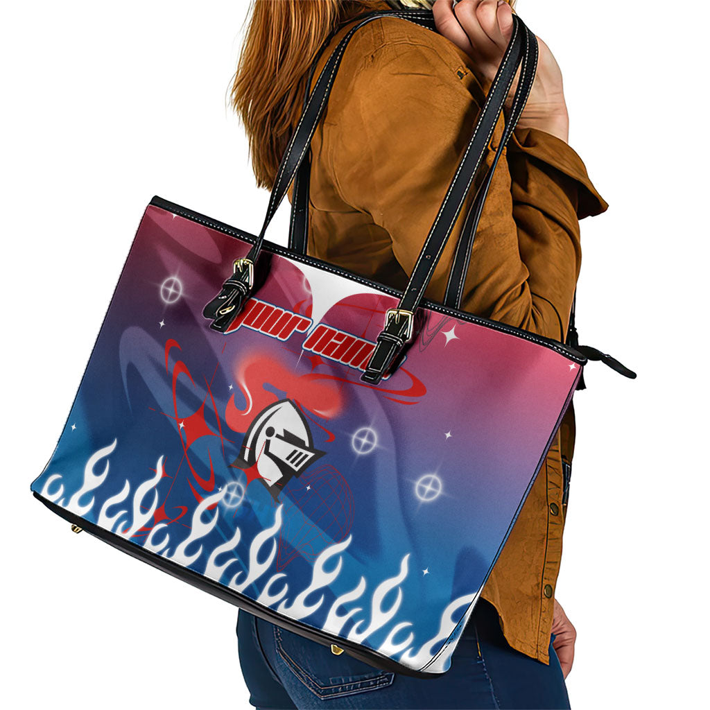 Personalized Newcastle Knights Leather Tote Bag Y2K Grunge Aesthetic With Cyber Flames and Starburst Graphics