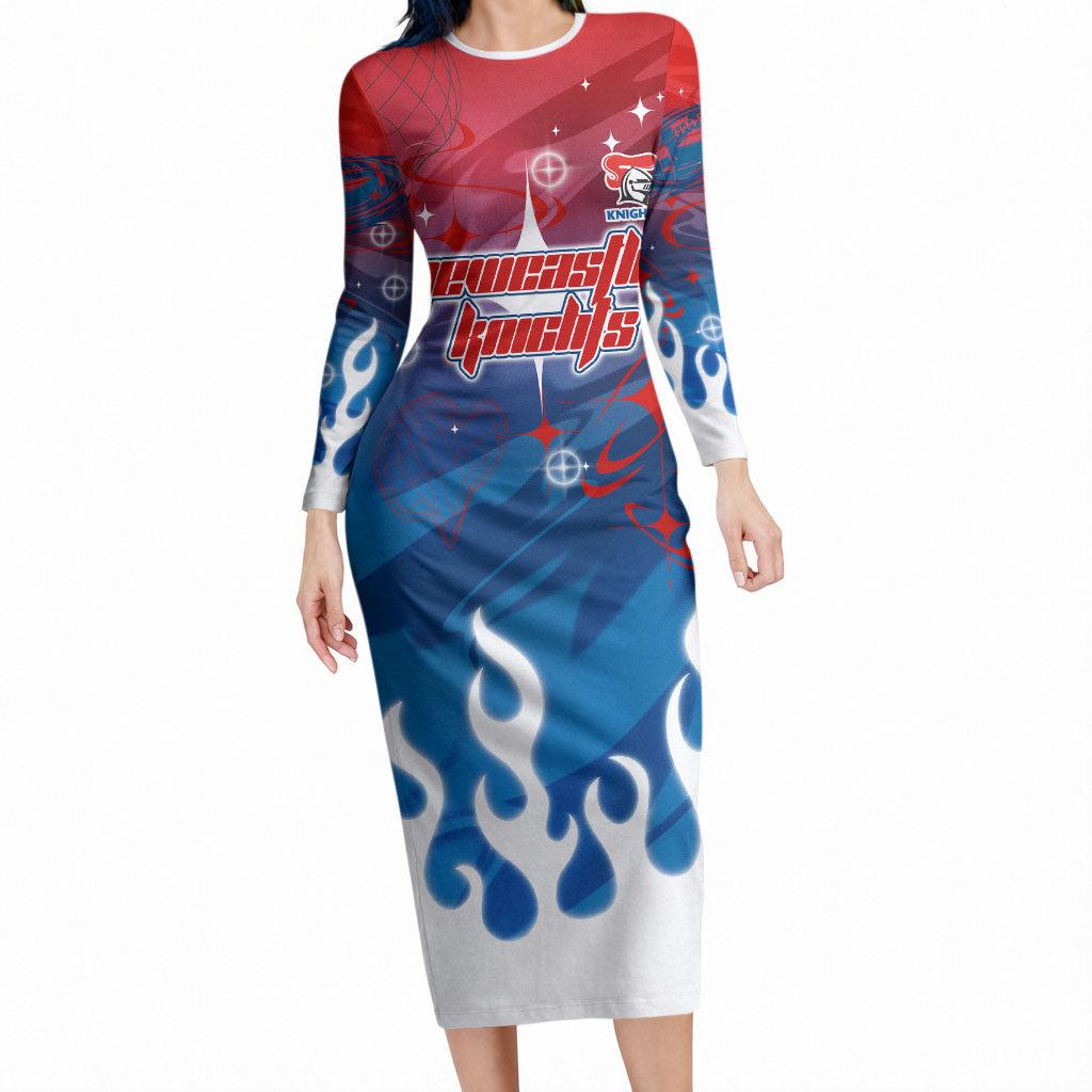 Personalized Newcastle Knights Long Sleeve Bodycon Dress Y2K Grunge Aesthetic With Cyber Flames and Starburst Graphics