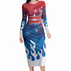 Personalized Newcastle Knights Long Sleeve Bodycon Dress Y2K Grunge Aesthetic With Cyber Flames and Starburst Graphics