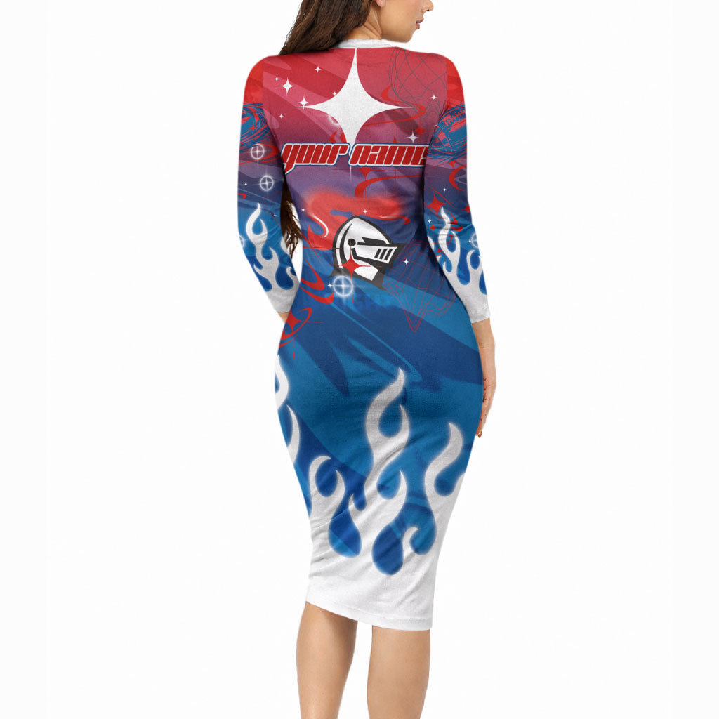 Personalized Newcastle Knights Long Sleeve Bodycon Dress Y2K Grunge Aesthetic With Cyber Flames and Starburst Graphics