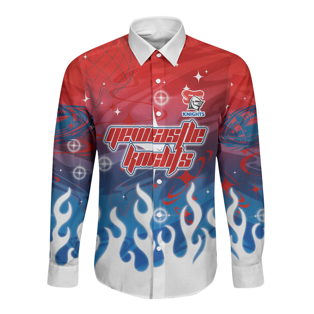 Personalized Newcastle Knights Long Sleeve Button Shirt Y2K Grunge Aesthetic With Cyber Flames and Starburst Graphics
