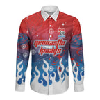 Personalized Newcastle Knights Long Sleeve Button Shirt Y2K Grunge Aesthetic With Cyber Flames and Starburst Graphics