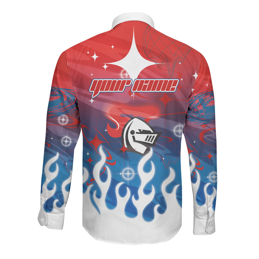 Personalized Newcastle Knights Long Sleeve Button Shirt Y2K Grunge Aesthetic With Cyber Flames and Starburst Graphics