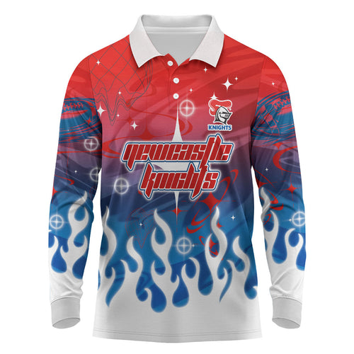 Personalized Newcastle Knights Long Sleeve Polo Shirt Y2K Grunge Aesthetic With Cyber Flames and Starburst Graphics