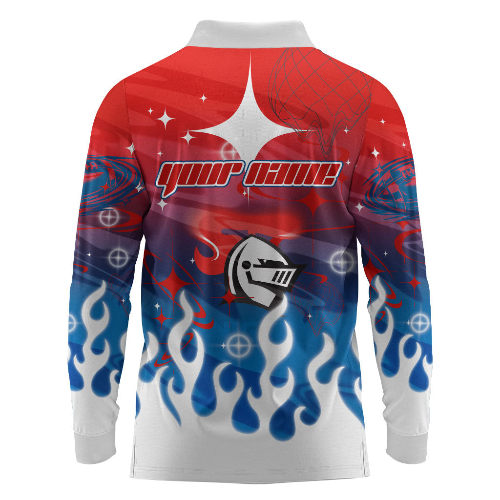Personalized Newcastle Knights Long Sleeve Polo Shirt Y2K Grunge Aesthetic With Cyber Flames and Starburst Graphics
