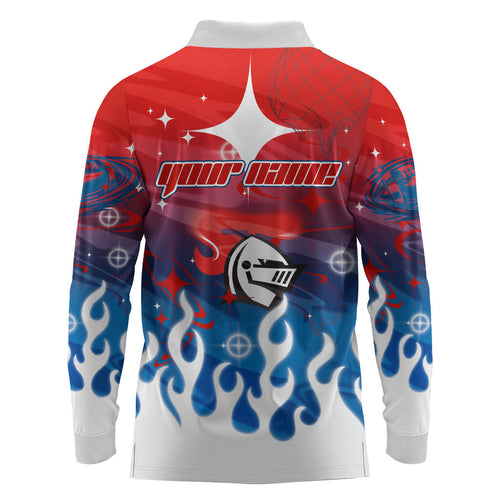 Personalized Newcastle Knights Long Sleeve Polo Shirt Y2K Grunge Aesthetic With Cyber Flames and Starburst Graphics
