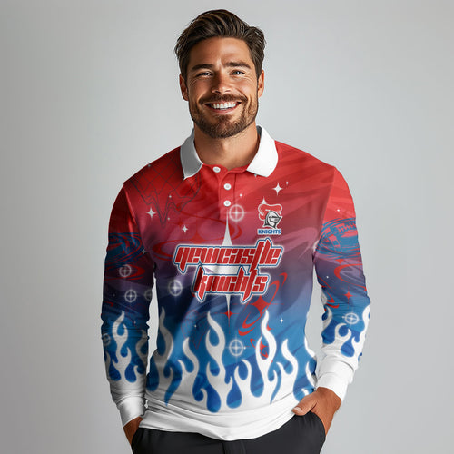 Personalized Newcastle Knights Long Sleeve Polo Shirt Y2K Grunge Aesthetic With Cyber Flames and Starburst Graphics
