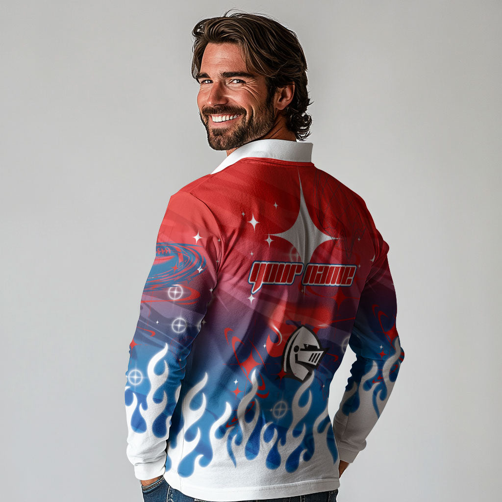 Personalized Newcastle Knights Long Sleeve Polo Shirt Y2K Grunge Aesthetic With Cyber Flames and Starburst Graphics