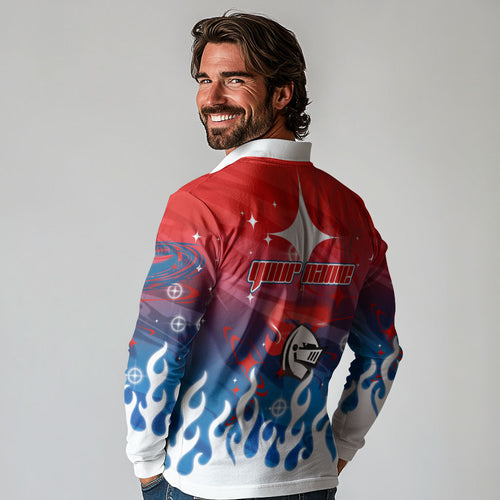 Personalized Newcastle Knights Long Sleeve Polo Shirt Y2K Grunge Aesthetic With Cyber Flames and Starburst Graphics