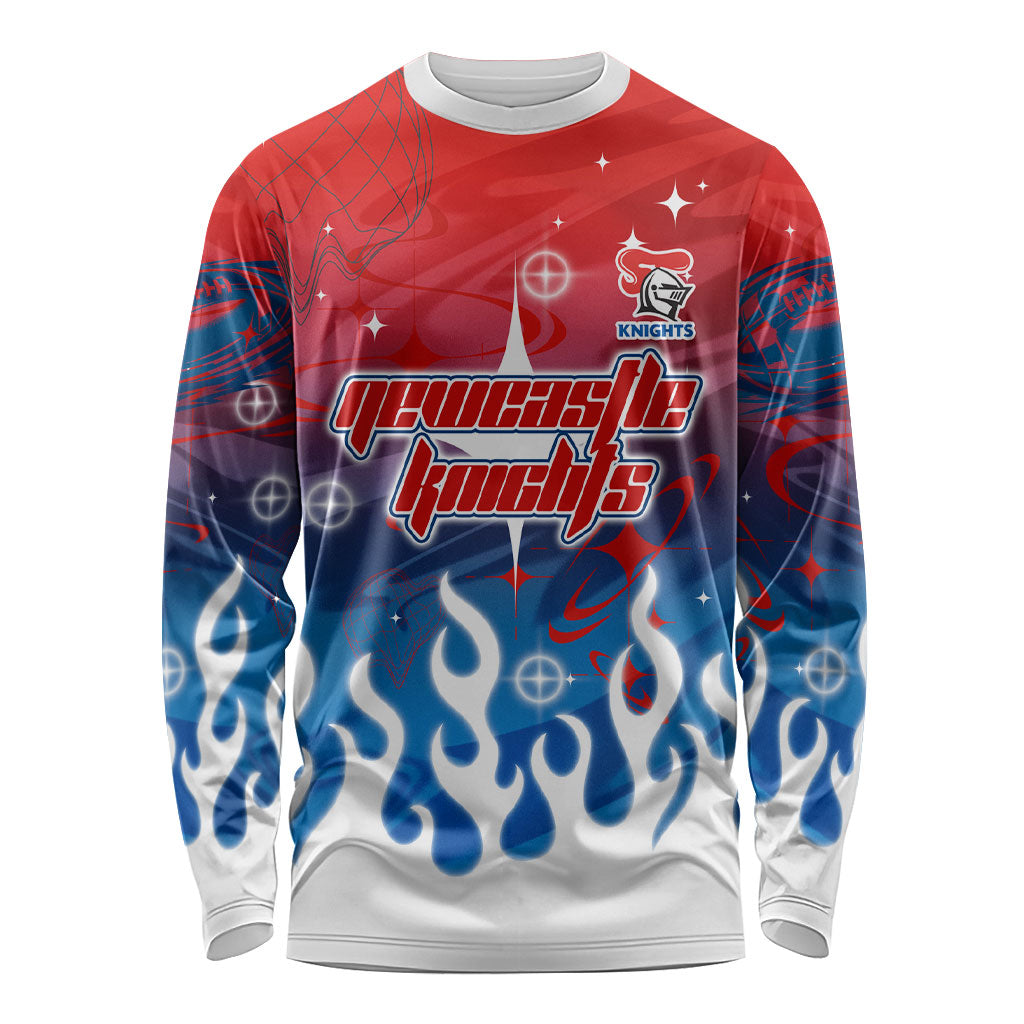 Personalized Newcastle Knights Long Sleeve Shirt Y2K Grunge Aesthetic With Cyber Flames and Starburst Graphics