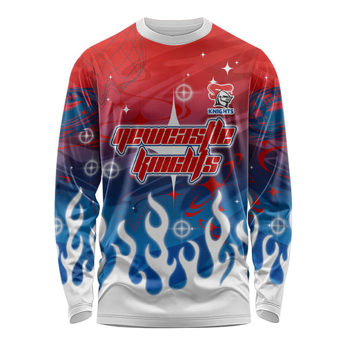 Personalized Newcastle Knights Long Sleeve Shirt Y2K Grunge Aesthetic With Cyber Flames and Starburst Graphics