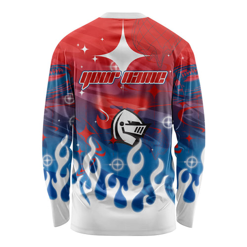 Personalized Newcastle Knights Long Sleeve Shirt Y2K Grunge Aesthetic With Cyber Flames and Starburst Graphics