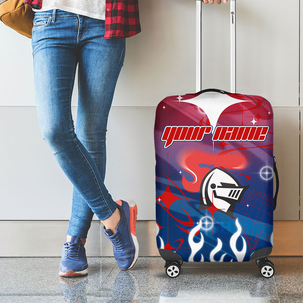 Personalized Newcastle Knights Luggage Cover Y2K Grunge Aesthetic With Cyber Flames and Starburst Graphics