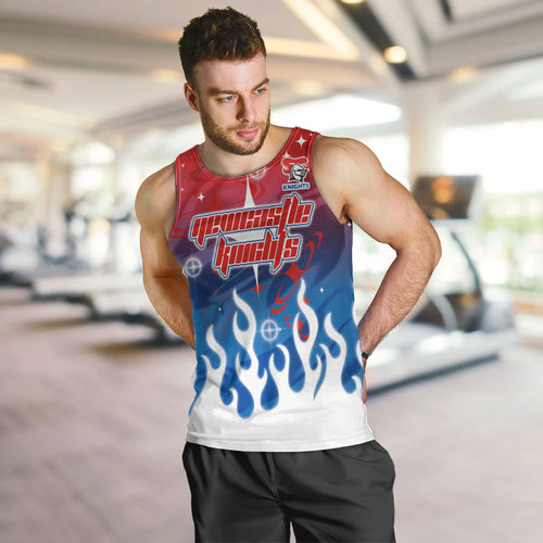 Personalized Newcastle Knights Men Tank Top Y2K Grunge Aesthetic With Cyber Flames and Starburst Graphics