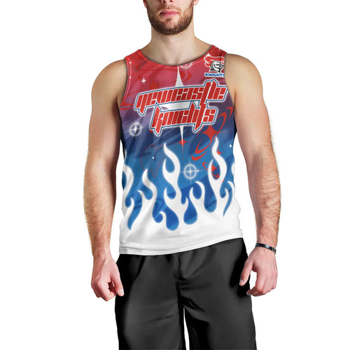 Personalized Newcastle Knights Men Tank Top Y2K Grunge Aesthetic With Cyber Flames and Starburst Graphics