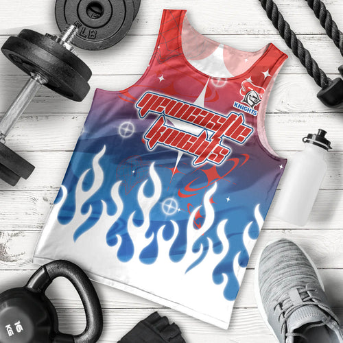 Personalized Newcastle Knights Men Tank Top Y2K Grunge Aesthetic With Cyber Flames and Starburst Graphics