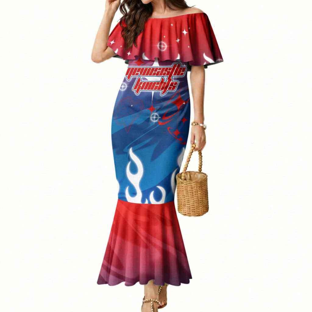 Personalized Newcastle Knights Mermaid Dress Y2K Grunge Aesthetic With Cyber Flames and Starburst Graphics