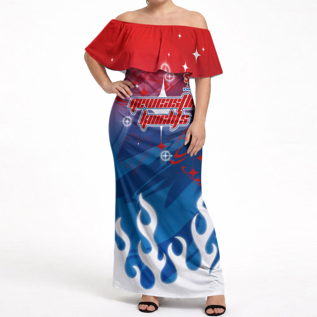Personalized Newcastle Knights Off Shoulder Maxi Dress Y2K Grunge Aesthetic With Cyber Flames and Starburst Graphics