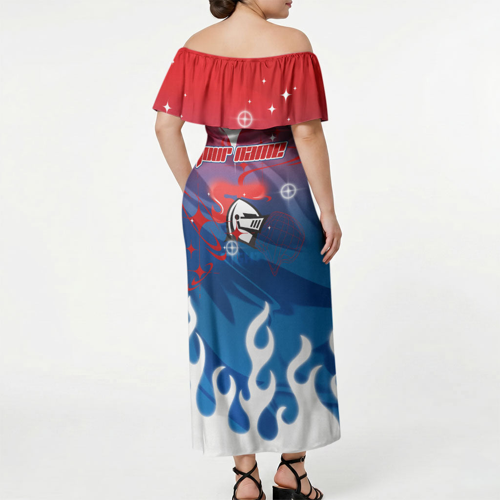 Personalized Newcastle Knights Off Shoulder Maxi Dress Y2K Grunge Aesthetic With Cyber Flames and Starburst Graphics