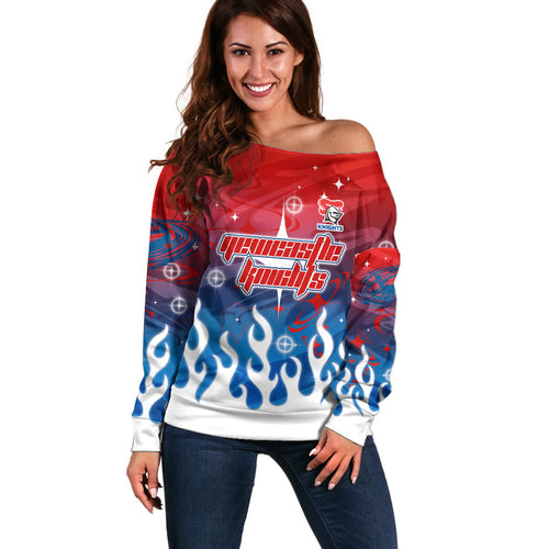 Personalized Newcastle Knights Off Shoulder Sweater Y2K Grunge Aesthetic With Cyber Flames and Starburst Graphics