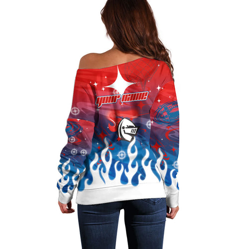 Personalized Newcastle Knights Off Shoulder Sweater Y2K Grunge Aesthetic With Cyber Flames and Starburst Graphics