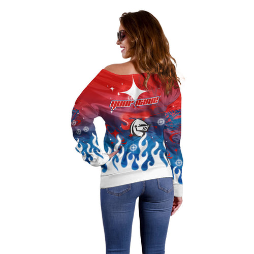 Personalized Newcastle Knights Off Shoulder Sweater Y2K Grunge Aesthetic With Cyber Flames and Starburst Graphics
