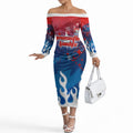 Personalized Newcastle Knights Off The Shoulder Long Sleeve Dress Y2K Grunge Aesthetic With Cyber Flames and Starburst Graphics