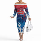 Personalized Newcastle Knights Off The Shoulder Long Sleeve Dress Y2K Grunge Aesthetic With Cyber Flames and Starburst Graphics