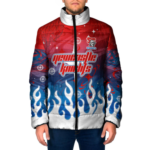 Personalized Newcastle Knights Padded Jacket Y2K Grunge Aesthetic With Cyber Flames and Starburst Graphics