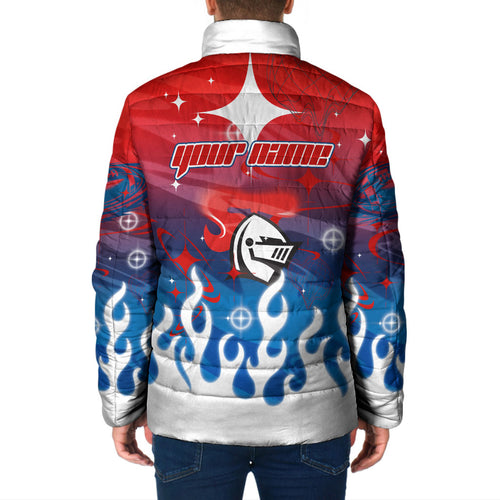 Personalized Newcastle Knights Padded Jacket Y2K Grunge Aesthetic With Cyber Flames and Starburst Graphics