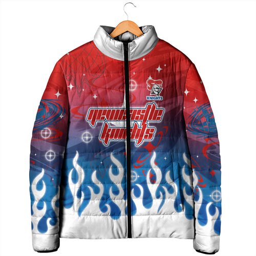 Personalized Newcastle Knights Padded Jacket Y2K Grunge Aesthetic With Cyber Flames and Starburst Graphics