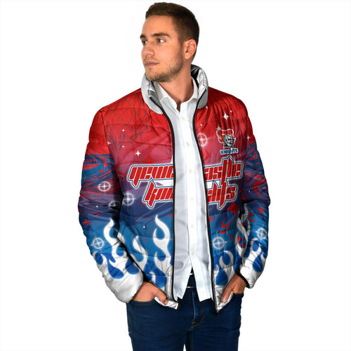 Personalized Newcastle Knights Padded Jacket Y2K Grunge Aesthetic With Cyber Flames and Starburst Graphics