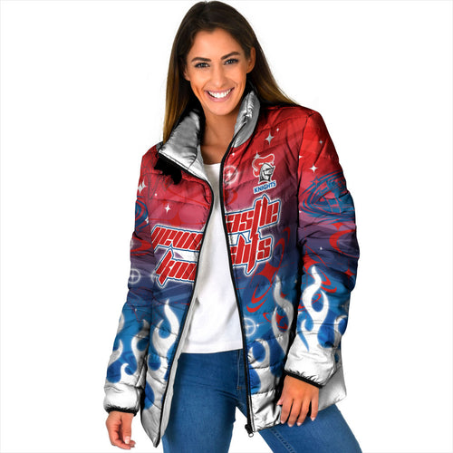 Personalized Newcastle Knights Padded Jacket Y2K Grunge Aesthetic With Cyber Flames and Starburst Graphics