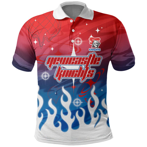 Personalized Newcastle Knights Polo Shirt Y2K Grunge Aesthetic With Cyber Flames and Starburst Graphics