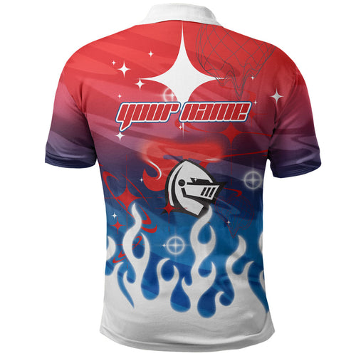 Personalized Newcastle Knights Polo Shirt Y2K Grunge Aesthetic With Cyber Flames and Starburst Graphics