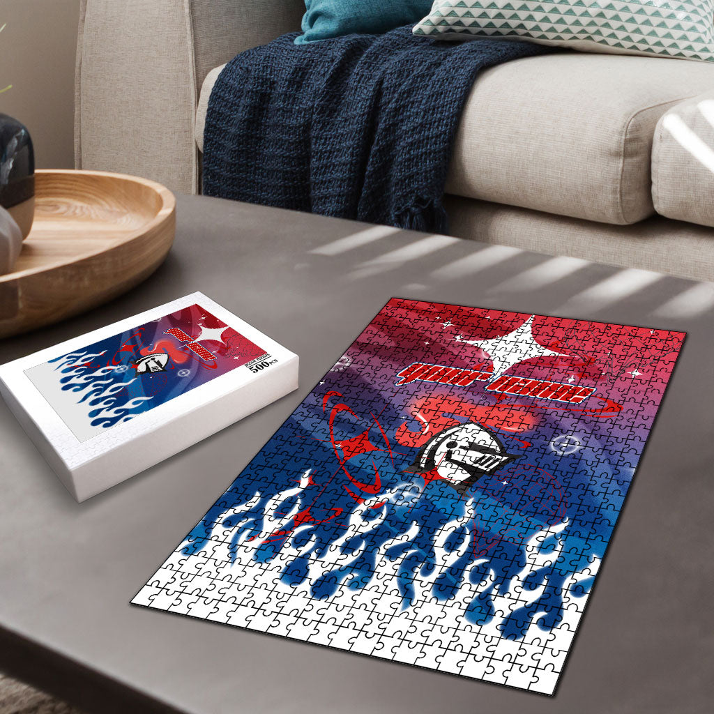 Personalized Newcastle Knights Puzzle Y2K Grunge Aesthetic With Cyber Flames and Starburst Graphics