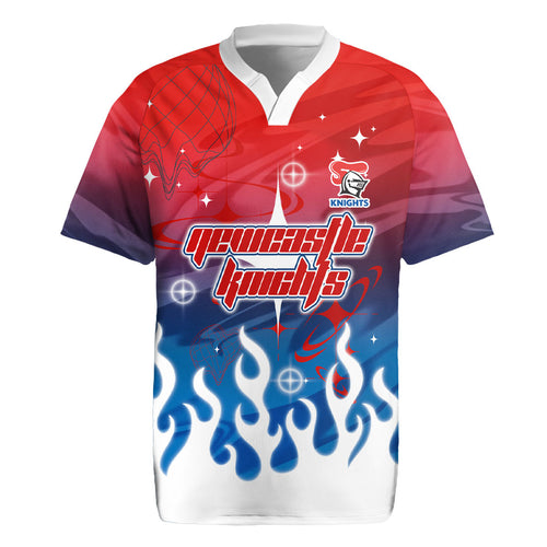 Personalized Newcastle Knights Rugby Jersey Y2K Grunge Aesthetic With Cyber Flames and Starburst Graphics