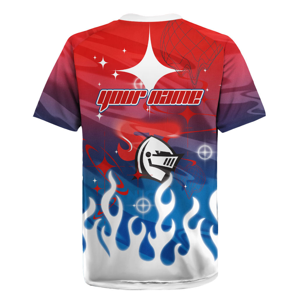 Personalized Newcastle Knights Rugby Jersey Y2K Grunge Aesthetic With Cyber Flames and Starburst Graphics