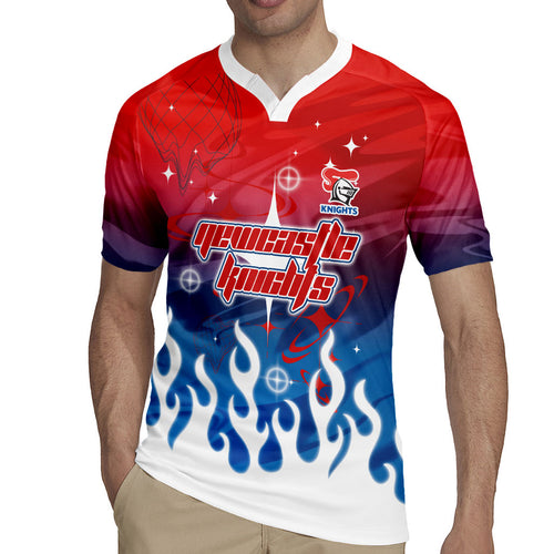 Personalized Newcastle Knights Rugby Jersey Y2K Grunge Aesthetic With Cyber Flames and Starburst Graphics