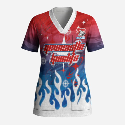 Personalized Newcastle Knights Scrub Top Y2K Grunge Aesthetic With Cyber Flames and Starburst Graphics