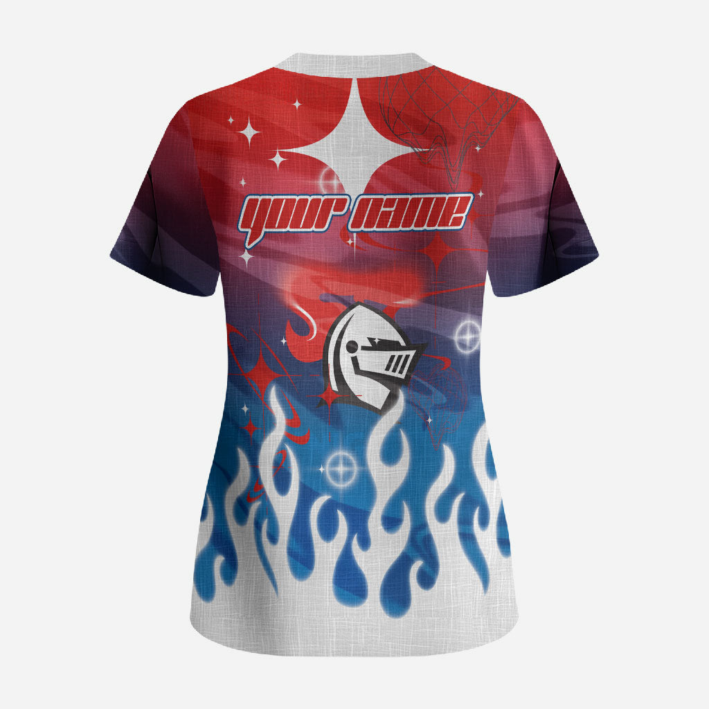 Personalized Newcastle Knights Scrub Top Y2K Grunge Aesthetic With Cyber Flames and Starburst Graphics