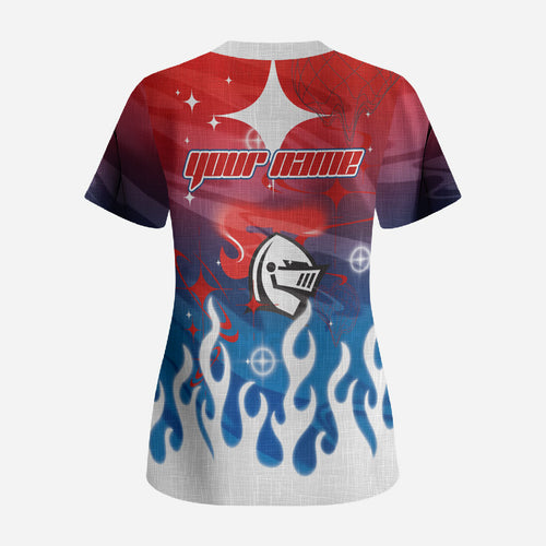 Personalized Newcastle Knights Scrub Top Y2K Grunge Aesthetic With Cyber Flames and Starburst Graphics