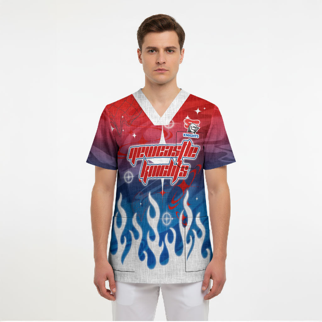 Personalized Newcastle Knights Scrub Top Y2K Grunge Aesthetic With Cyber Flames and Starburst Graphics