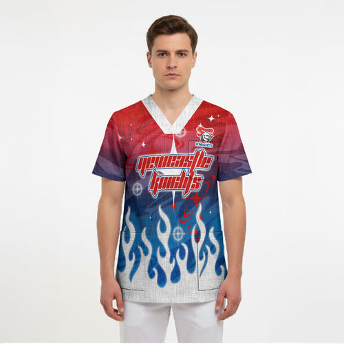 Personalized Newcastle Knights Scrub Top Y2K Grunge Aesthetic With Cyber Flames and Starburst Graphics