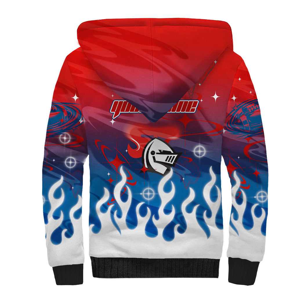 Personalized Newcastle Knights Sherpa Hoodie Y2K Grunge Aesthetic With Cyber Flames and Starburst Graphics