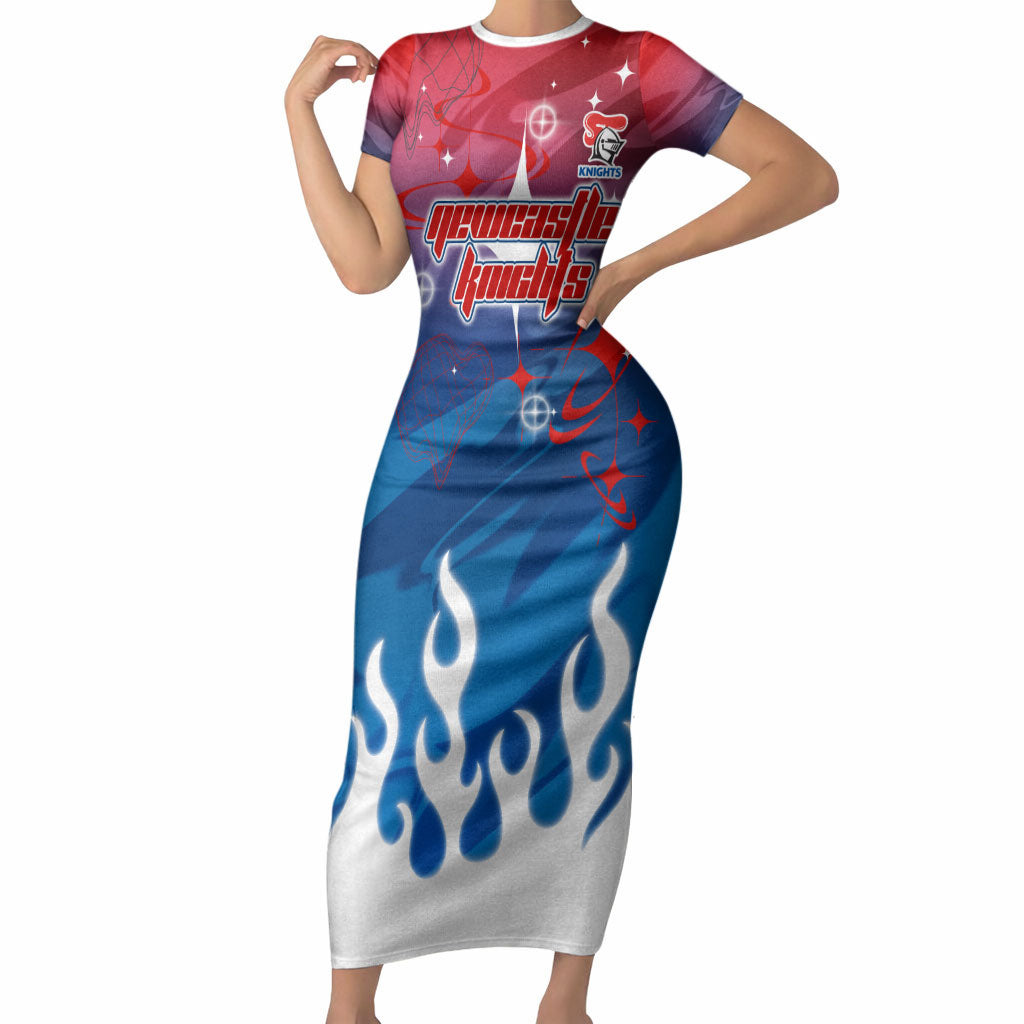 Personalized Newcastle Knights Short Sleeve Bodycon Dress Y2K Grunge Aesthetic With Cyber Flames and Starburst Graphics