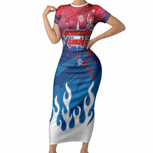 Personalized Newcastle Knights Short Sleeve Bodycon Dress Y2K Grunge Aesthetic With Cyber Flames and Starburst Graphics