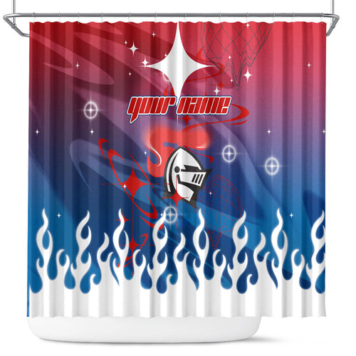 Personalized Newcastle Knights Shower Curtain Y2K Grunge Aesthetic With Cyber Flames and Starburst Graphics
